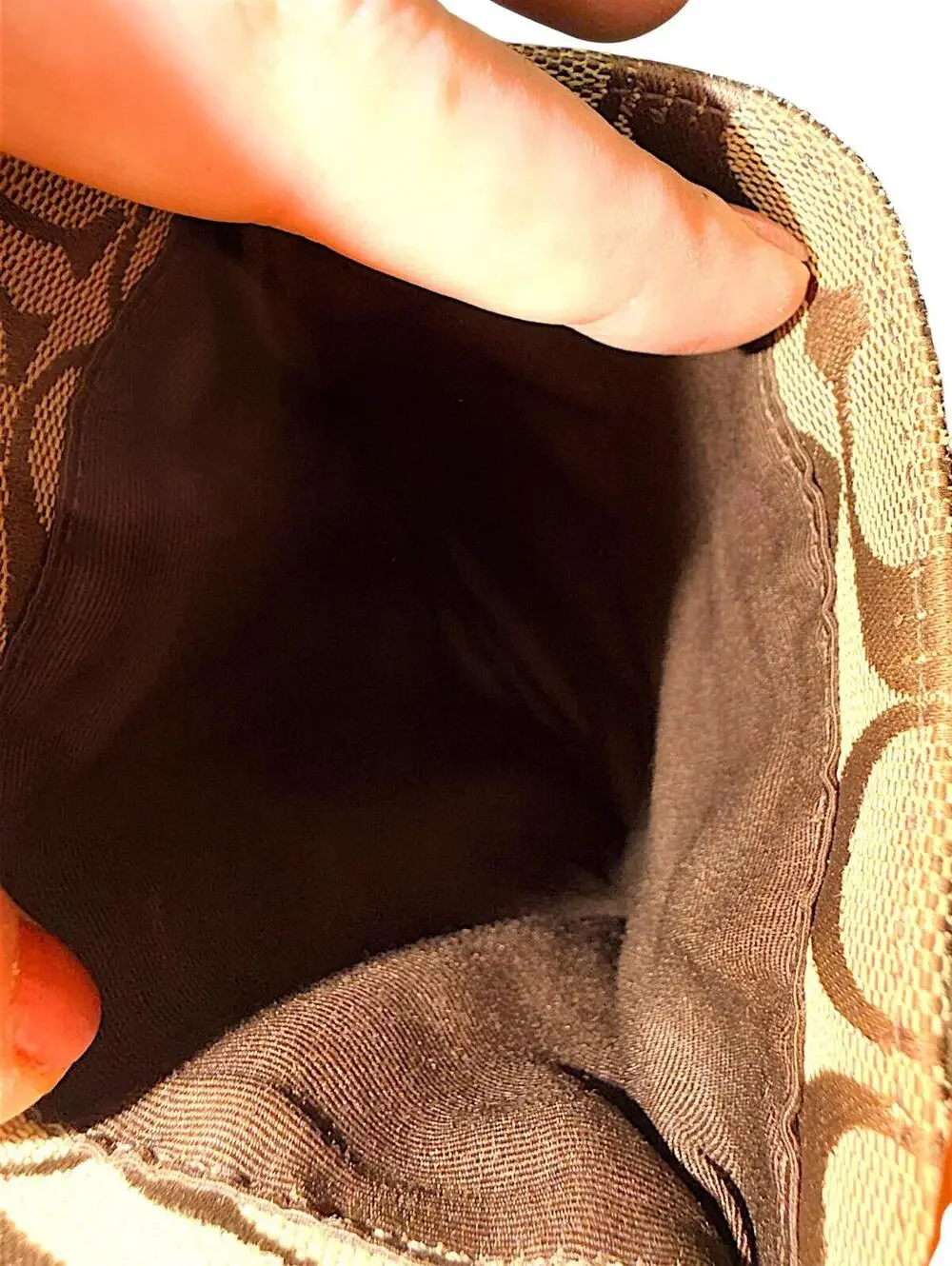 Coach Signature Swingpack Crossbody Bag Khaki Brown Jacquard Canvas Purse